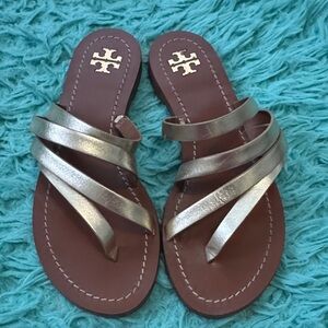 Tory Burch Metallic Strappy Leather Slide Sandals - Gold
